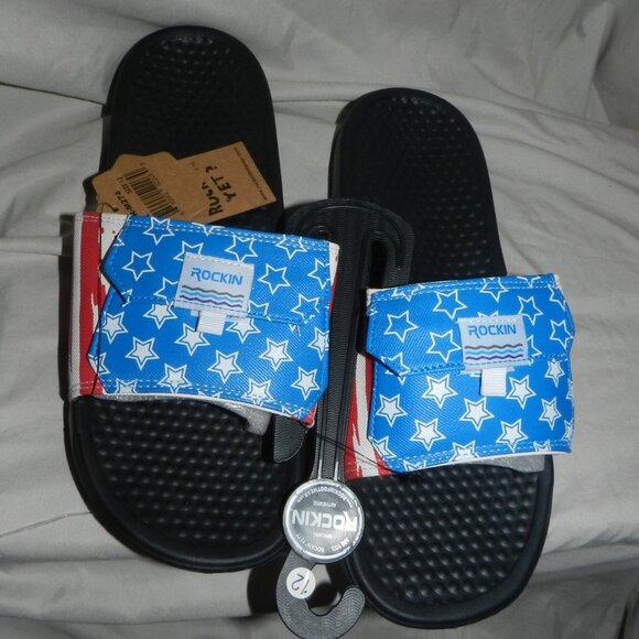 ROCKIN FOOTWEAR SANDALS PATRIOTIC FLAG USA MENS POCKET SLIDES 💥🆕NWT! - Picture 11 of 16